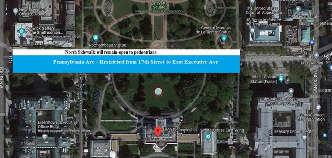 Map showing areas of closure of President's Park on August 4, 2022