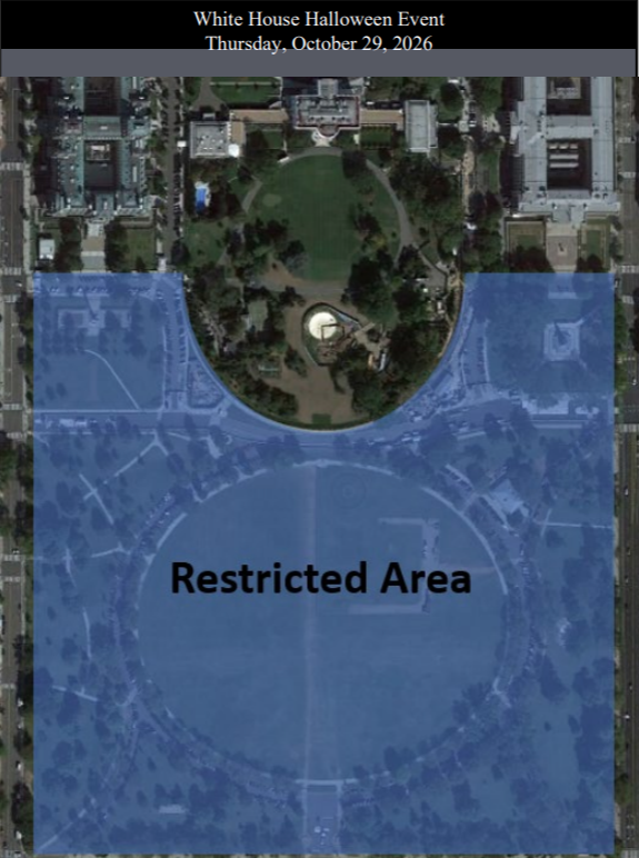 A map of President's Park indicating areas closed for the White House Halloween event in blue.