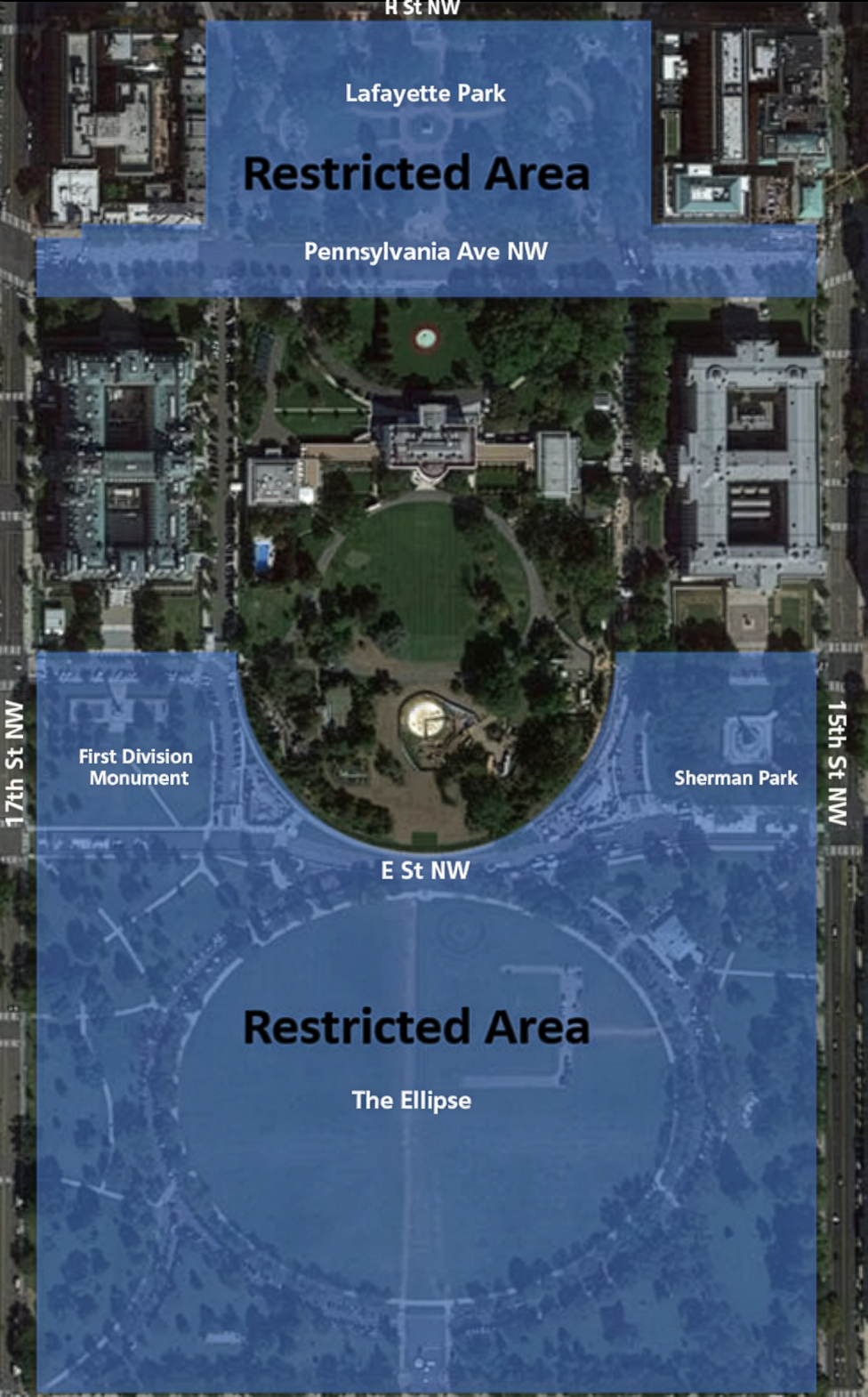 Map illustrating the park areas affected by the July 2026 USSS park closures