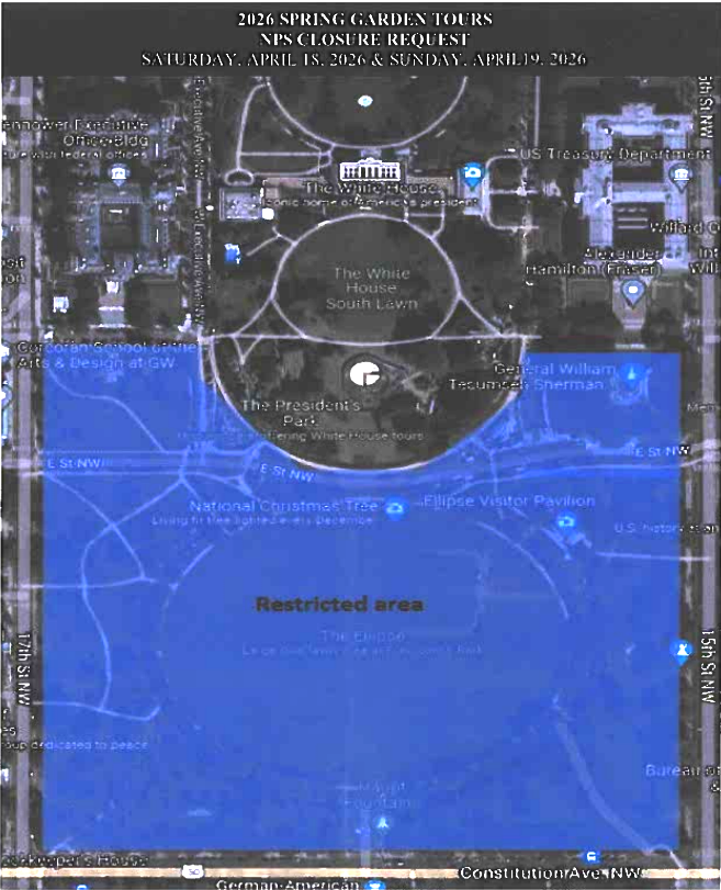 A map showing park closures for the 2026 White House Spring Garden Tours