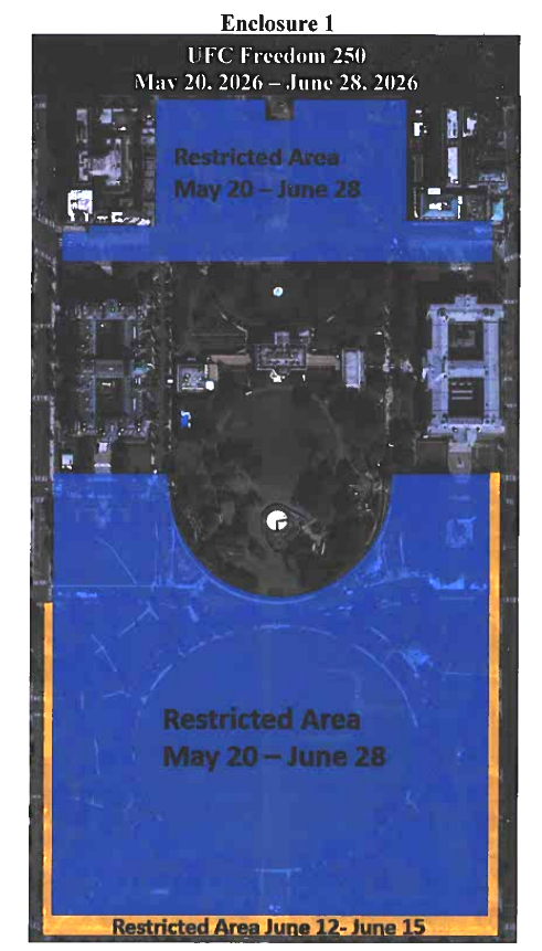 A map indicating park closures for the UFC Freedom 250 event