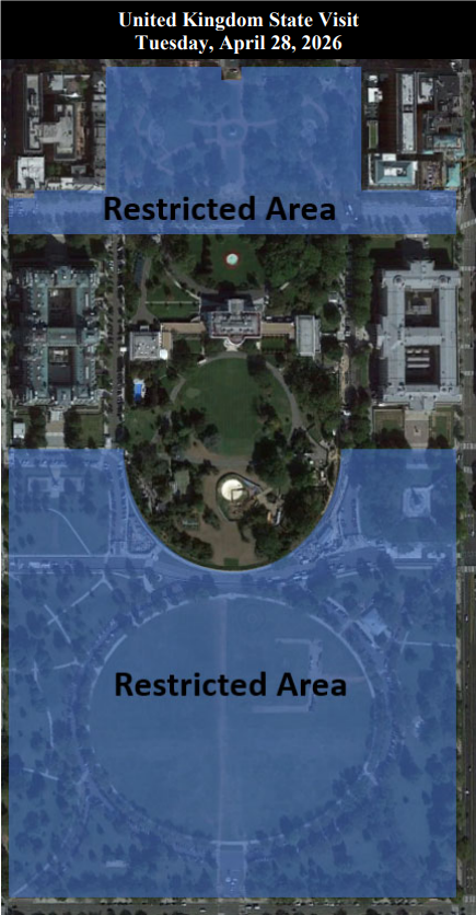A map of President's Park indicating in blue the areas closed for the upcoming UK State Visit to the White House.
