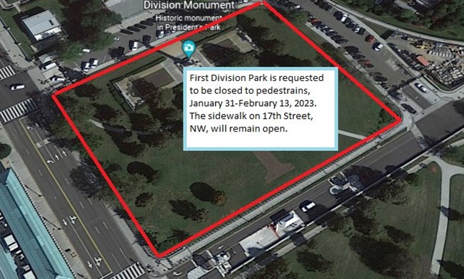 Map showing area of closure of First Division Park.