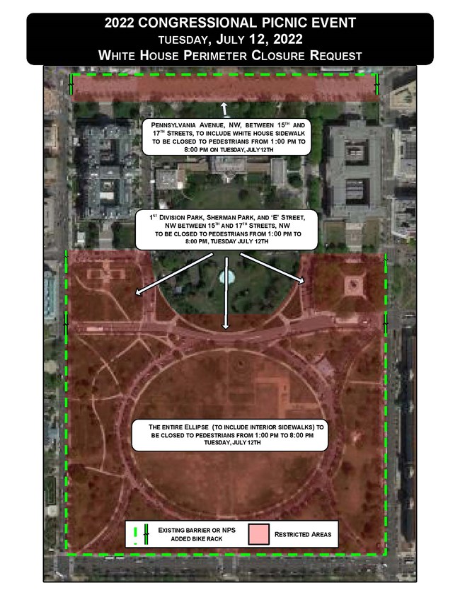 Closure map of areas of President's Park for the Congressional Picnic Event on July 12, 2022.