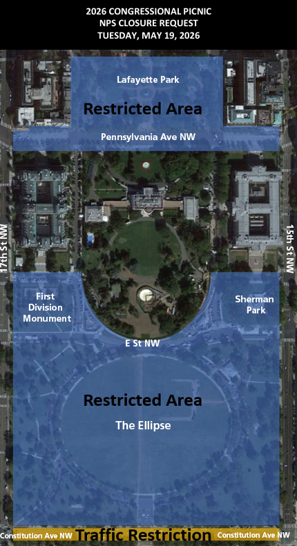 An image showing President's Park closures labeled on a map