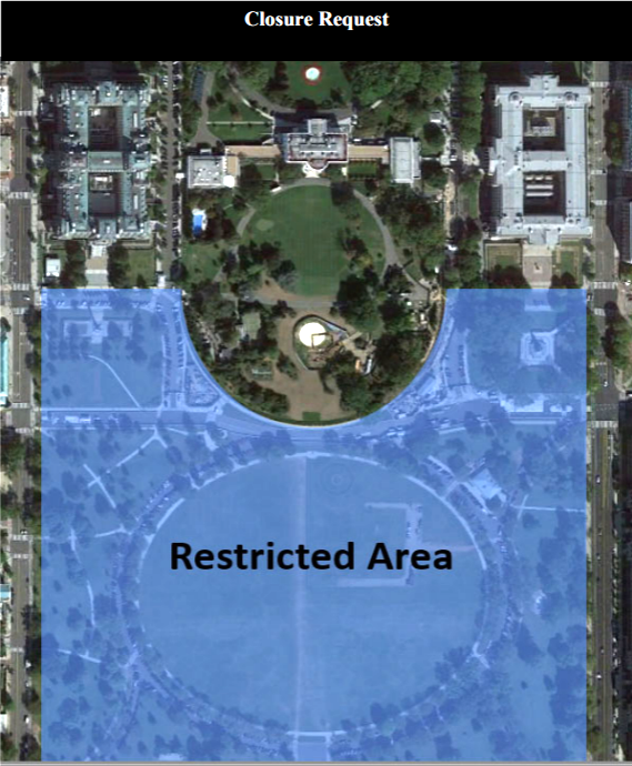 A map indicating park closures around the White House in blue