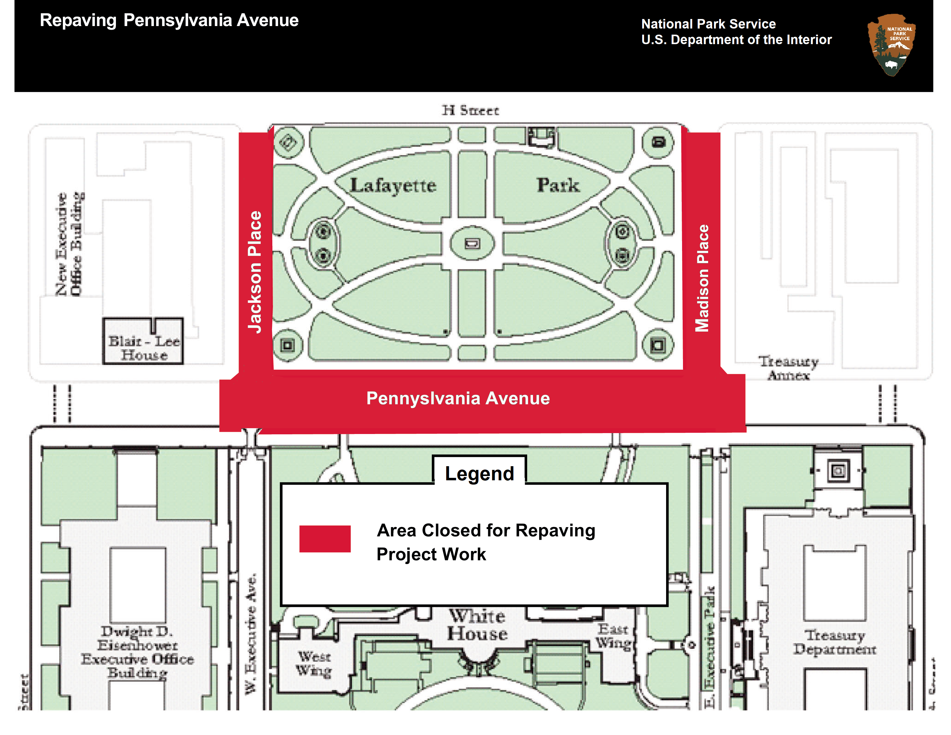Map of road closures around Lafayette Park north of White House. Jackson Place, Pennsylvania Avenue, and Madison Place will have closures until mid-fall 2021.