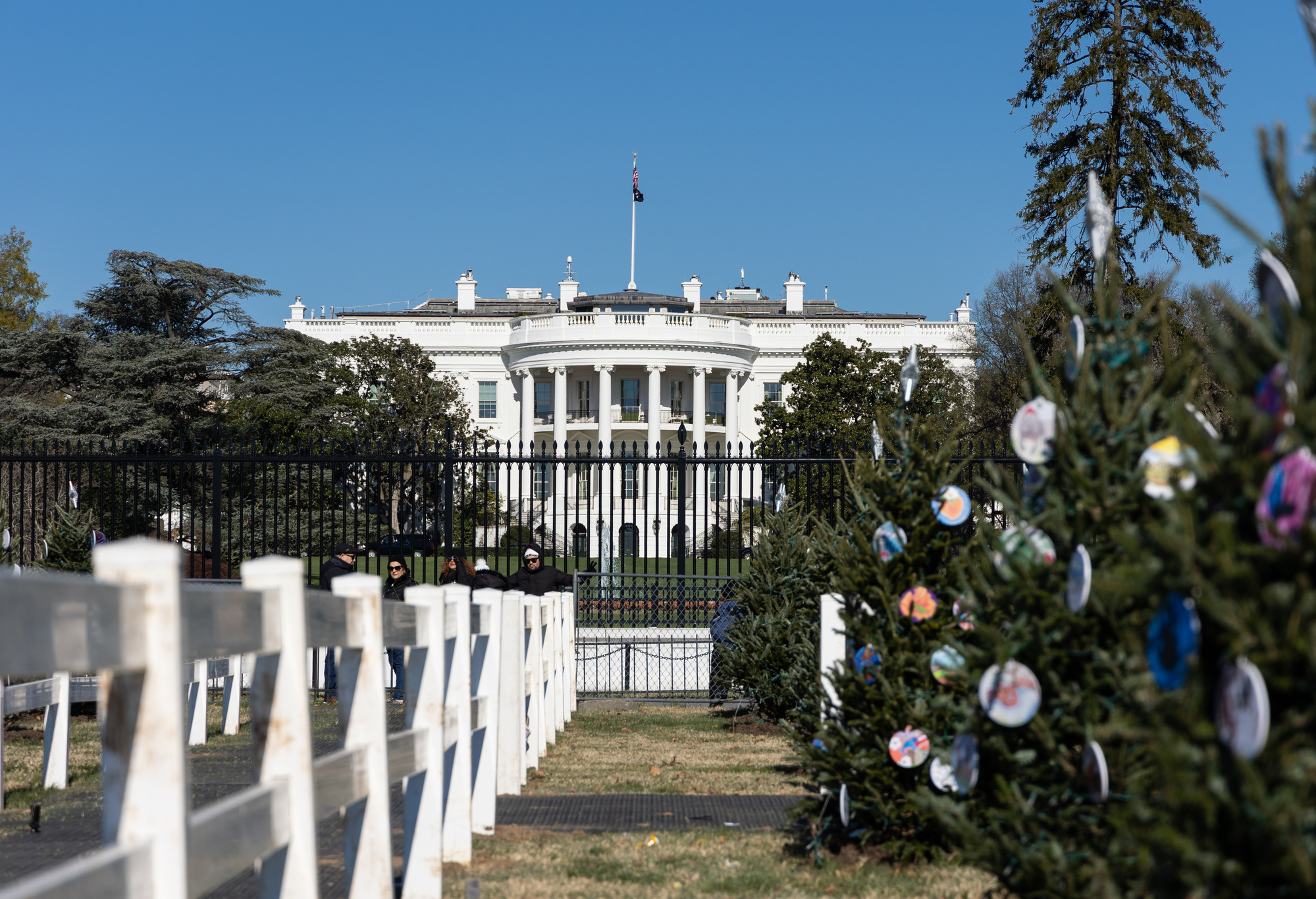 Volunteers decorate Christmas trees in front of the White House for the 2022 National Christmas Tree Lighting.