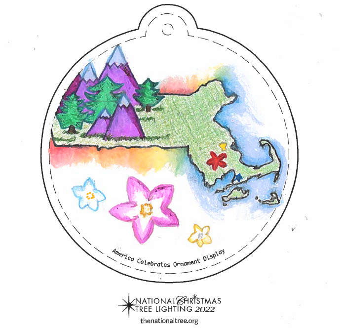 A Christmas tree ornament design featuring the geographic shape of Massachusetts with purple mountains in the western portion, surrounded by flowers, and a rainbow highlight.