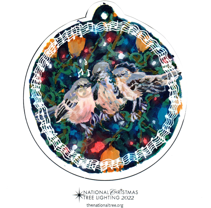 A Christmas tree ornament design featuring three mockingbirds singing, while perched in a Christmas tree with lights and ornaments.