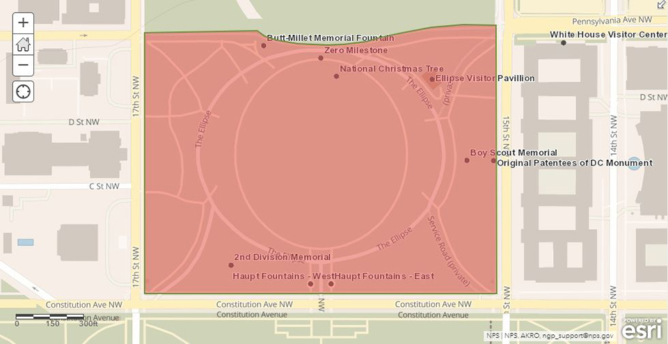 Map showing closure area on Ellipse from E street to Constitution Ave and 15th Street to 17th Street. An interactive map is provided further down on this page.