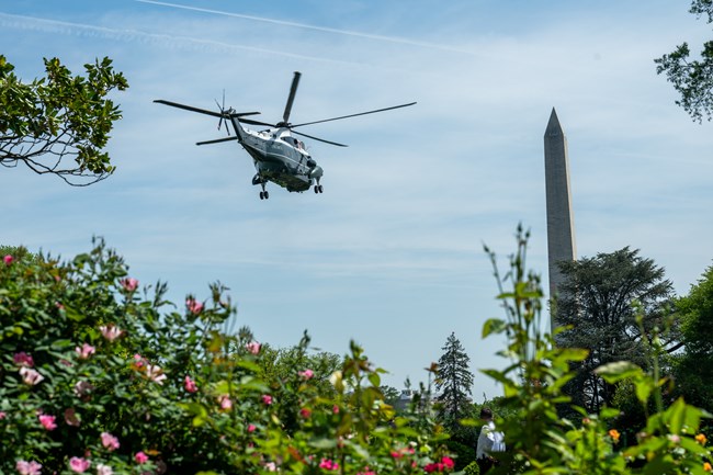 Marine One, with President Donald Trump aboard, lifts the South Lawn of the White House, 2025
