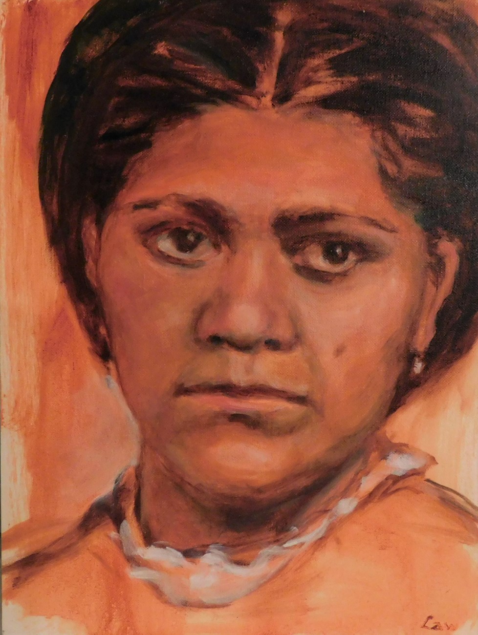 Painting of a young Native American woman with black hair.