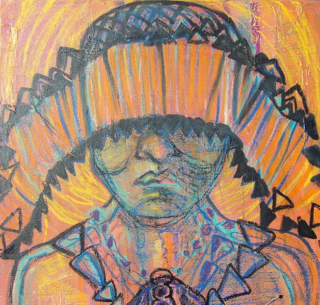 Orangish painting of indigenous person wearing head dress.