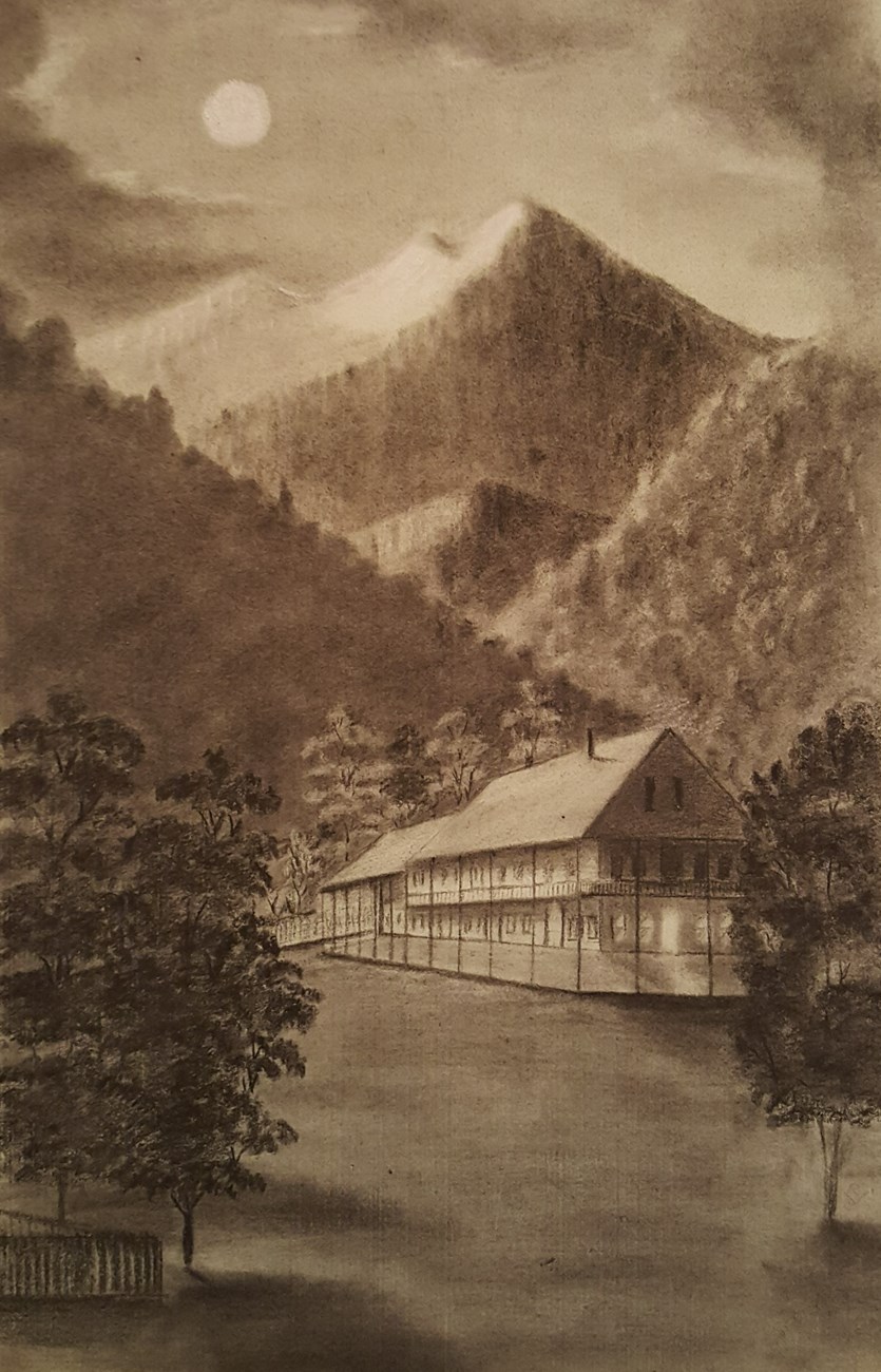 Dark gray sketching of 24-room, three-story hotel. Mountain peak and moon in background.