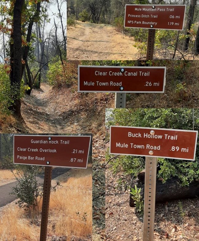 Trail signs along four trails at Whiskeytown National Recreation Area. These brown signs with white text were created and installed using entrance pass revenue in 2021.