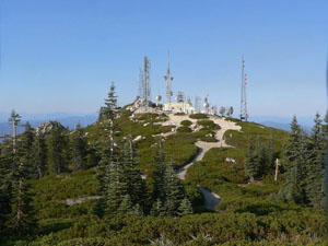 View of top of Shasta Bally with telecommunications towers and buildings surrounded by low shrubs and sandy areas with trees in foreground.