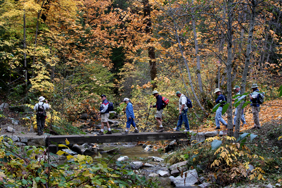 Hikers on James K. Carr Trail to Whiskeytown Falls. Hikers crossing footbridge over creek on James K. Carr Trail to Whiskeytown Falls. Fall foliage in background.
