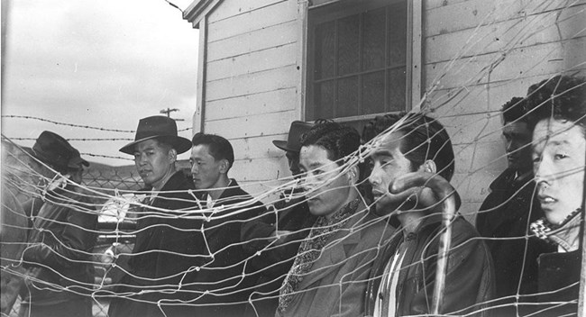 Black and white 1940s photo. With metal fence in front of them, Japanese American men looking out.