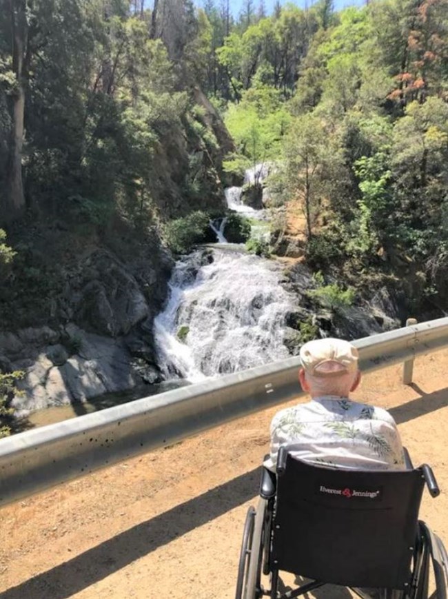 man in wheelchair looking at waterfall