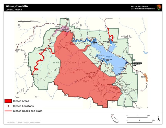 Whiskeytown map showing closures in red.