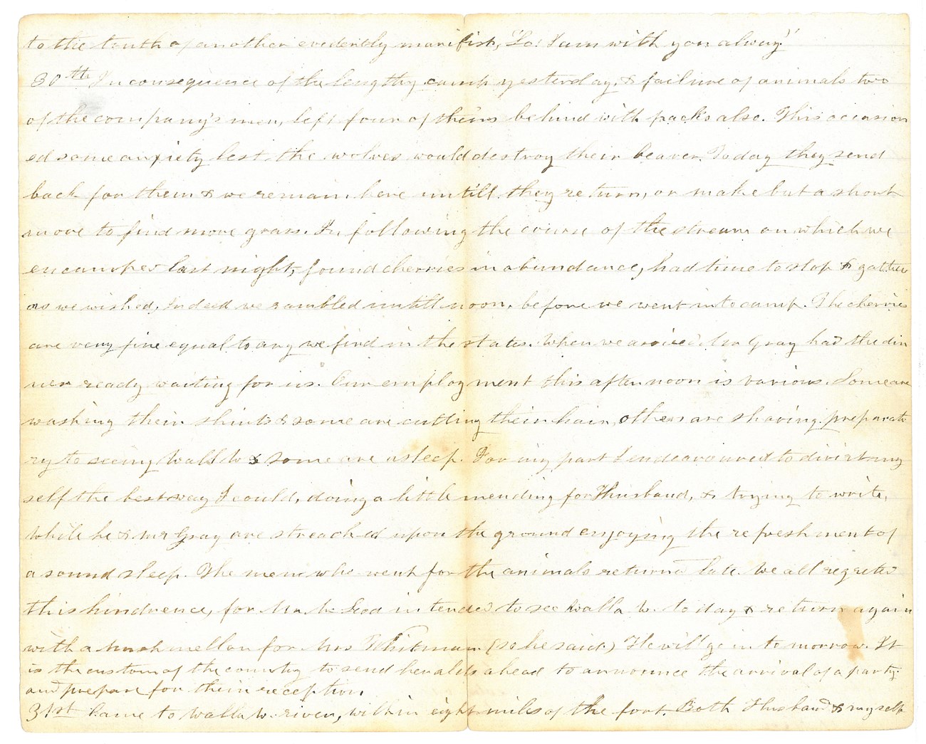 Narcisssa Journal Aug 30 1836 handwritten document yellowed with age