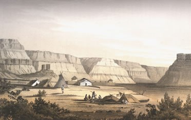 Painting depicting an Indian camp in front of a fort. High basalt cliffs of the Columbia Gorge are in the background.