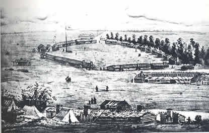 Drawing of Fort Walla Walla. Several buildings form a tight circle around a large field.