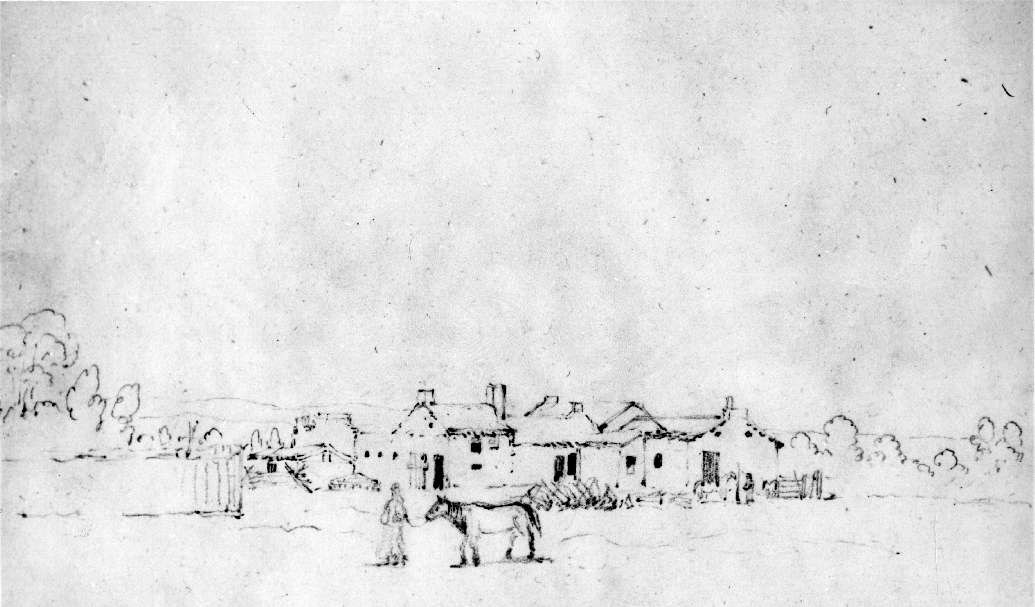 Sketch of Whitman Mission by Paul Kane Simple black and white sketch of a T-shaped building with trees in the background and a person leading a horse in the foreground
