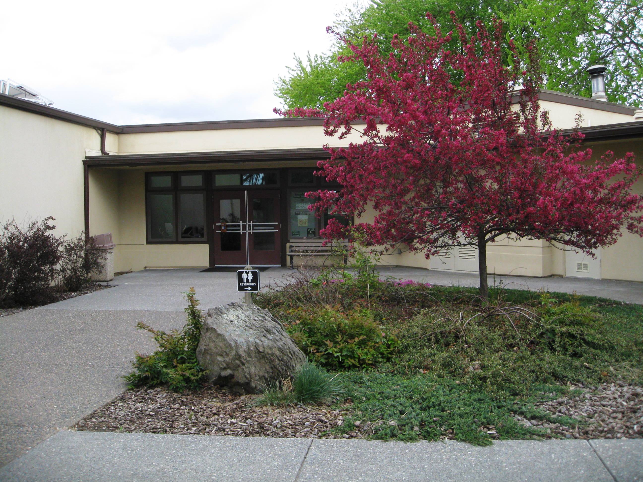 A building entrance with a sidewalk leading to a double front door, a tree to the right of the sidewalk has red leaves on it and separate low green vegetation surrounding its based