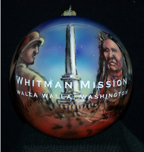 Christmas ornament with Marcus, Cayuse Indian, and memorial shaft in view