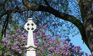 purple flowers and blue sky provide a striking backdrop for the top of the Gray's monument