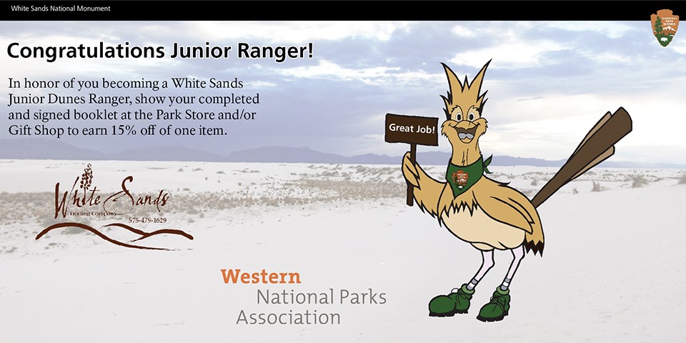 A graphic depicts a roadrunner with the logos of two park partners A graphic depicts a roadrunner with the logos of two park partners