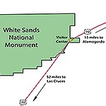 A map showing White Sands National Monument located between Las Cruces and Alamogordo on Hwy 70