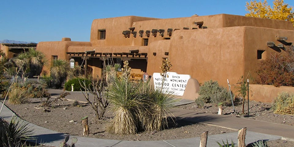 WS Visitor Center White Sands National park's adobe visitor center's front façade.