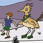 Drawing of cartoon roadrunner and a kid walking.