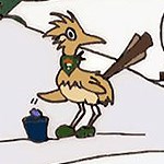 Drawing of a cartoon roadrunner throwing trash in a trashcan.