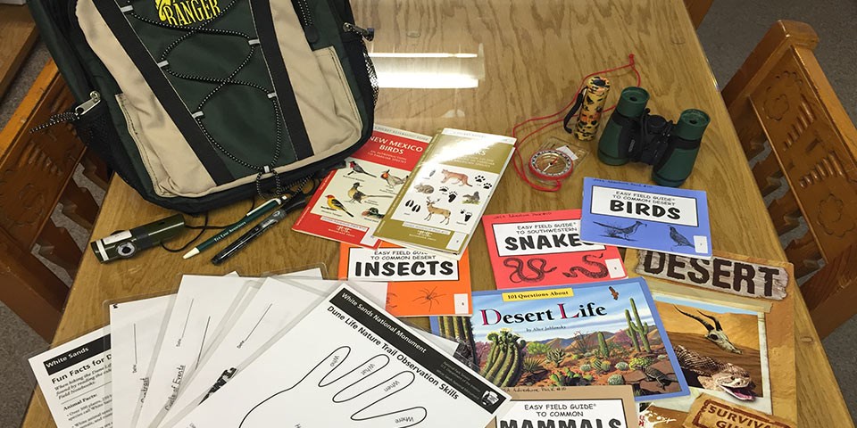 Backpack, books, and field guides on table.