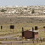A brown building surrounded by green scrub and vegetated dunes