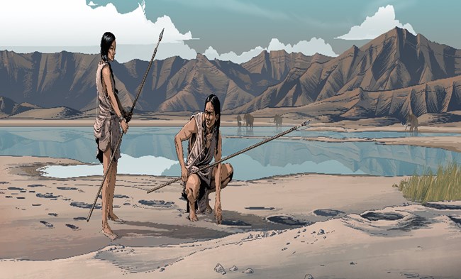 two humans stalking giant ground sloth