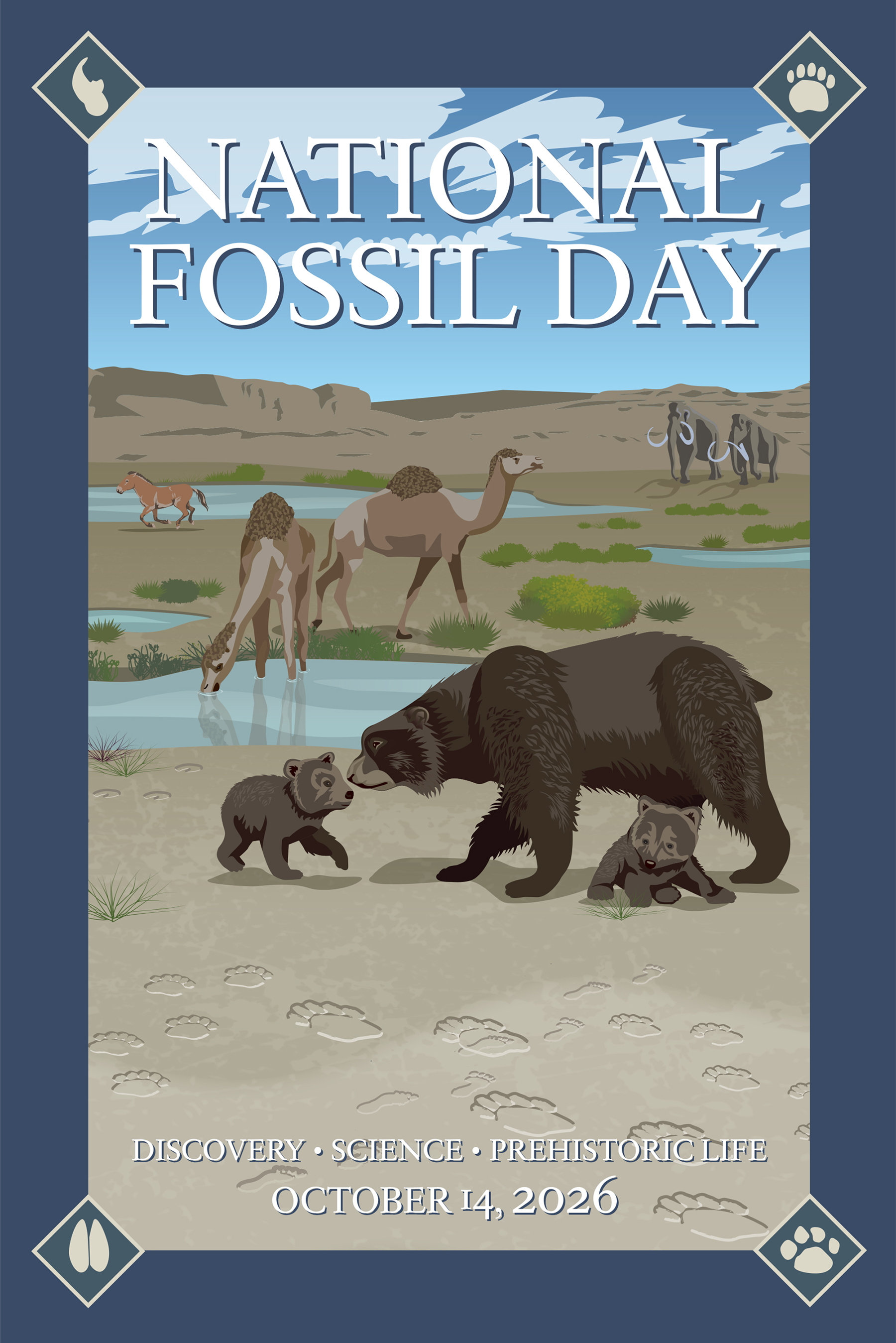 National Fossil Day poster with blue border and scene of prehistoric animals and wetland. Text includes, National Fossil Day, Discovery, Science, Prehistoric Life, and October 14, 2026.