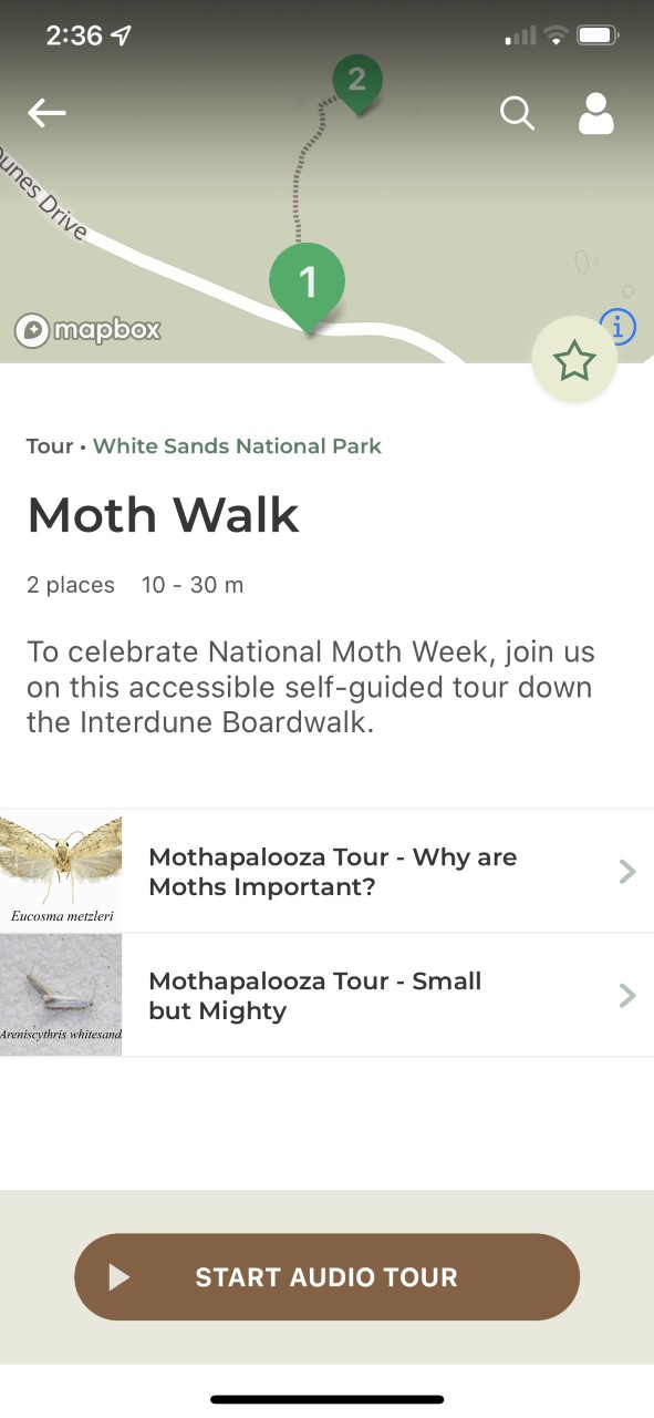 NPS Mobile APP Moth Walk NPS mobile App screen for the Moth Walk on Interdune Boardwalk
