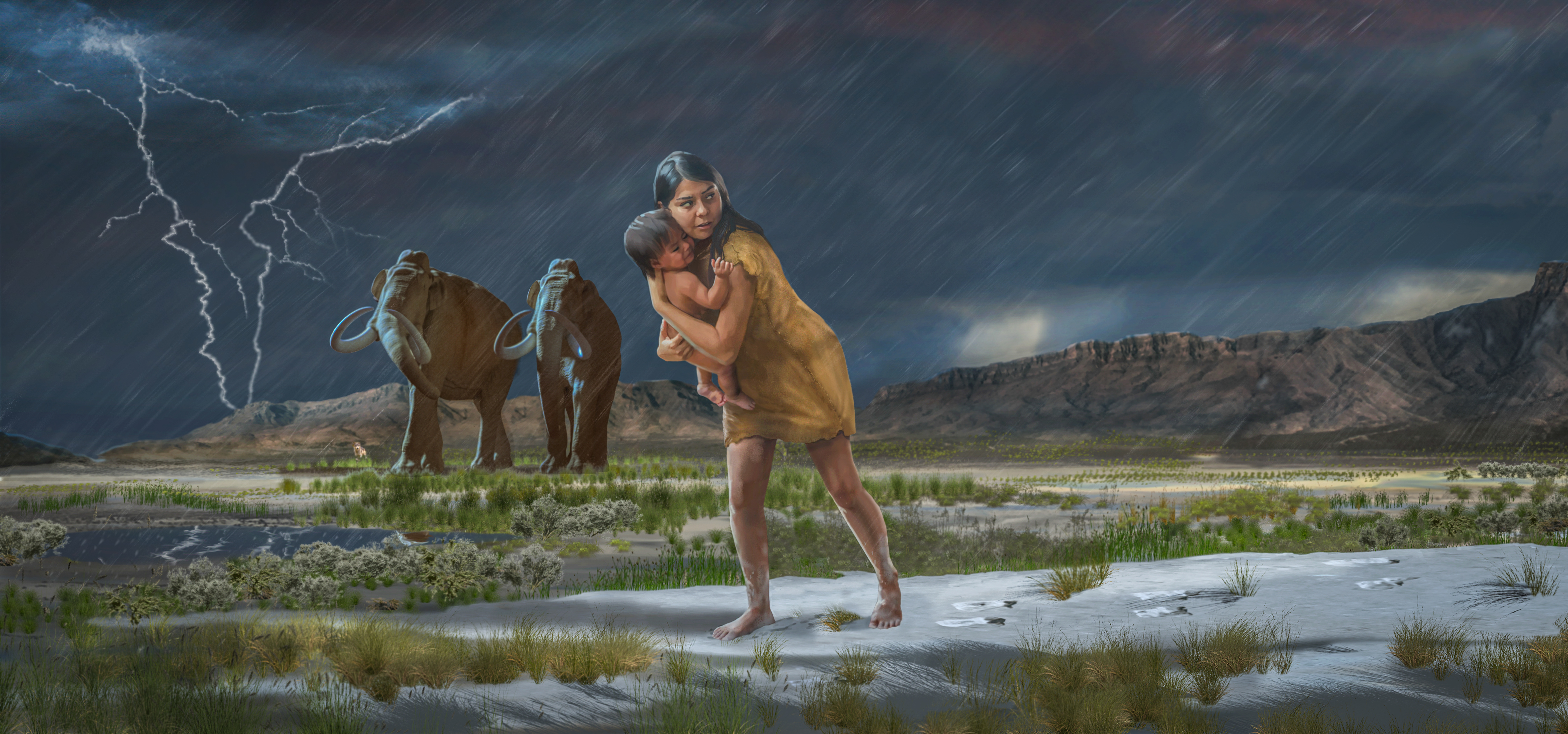 In a scene from the ice age, a woman holding a child on the shores of the ancient Lake Otero leave the footprints in the mud.