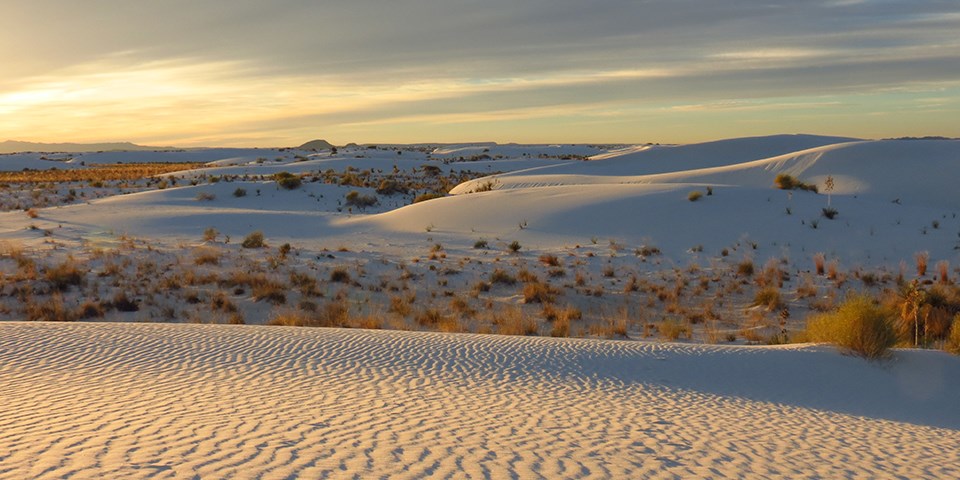 Sunrise over white sand dunes.