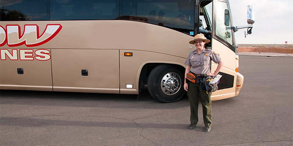 Park Ranger in front of a bronze colored commercial bus. Park Ranger in front of a bronze colored commercial bus.