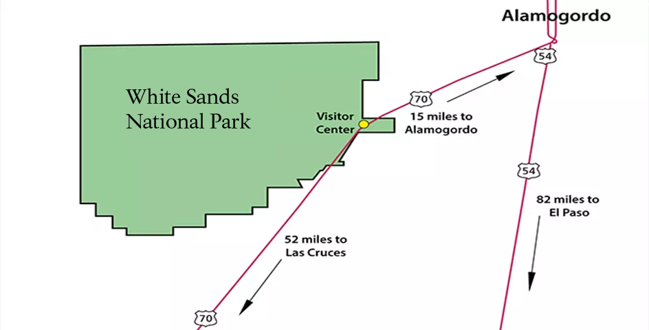 Map of White Sands and nearby towns