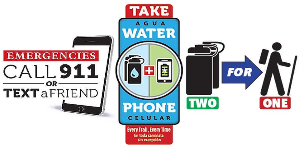 Safety graphics that say to call 911 or a friend in case of an emergency and to take at least two bottles of water and a fully charged cell phone every hike.