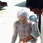 David Bowie in costume filming Man Who Fell to Earth