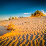 Sun setting over white sand dunes.