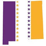New Mexico state shape with gold, white, and purple stripe.